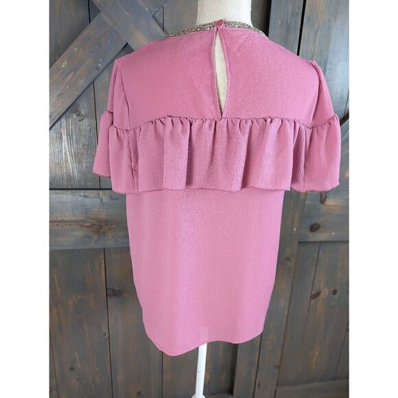 Juicy Couture Blouse Women's Medium Short Sleeve Ruffle Peephole button Back - Picture 3 of 9